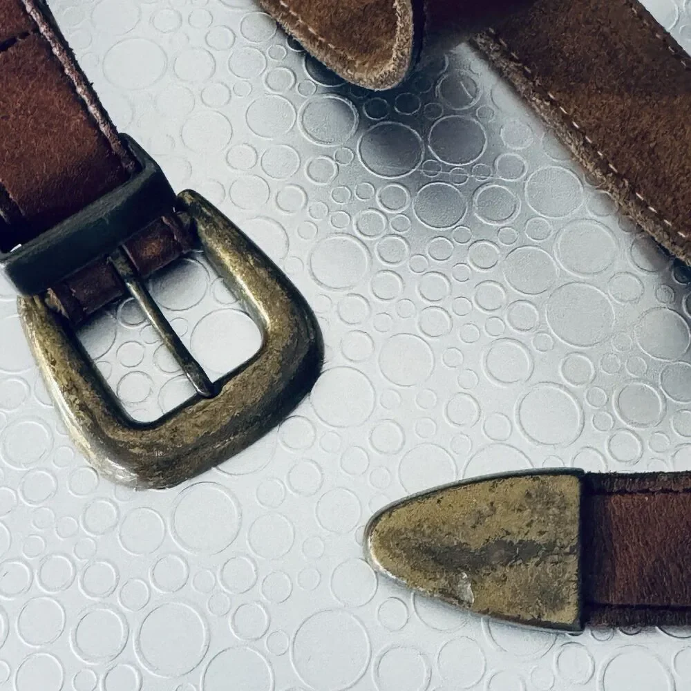 Vintage Cognac Brown Leather Western Belt 38 3-Pc Brass Buckle Tip Narrow Slim